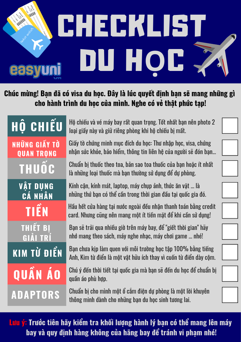 checklist cần mang những gì khi đi du học 2019